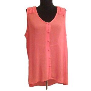 Charming Charlie Size L Top Womens Sleeveless Button Up Coral Sheer Hi Low Hem